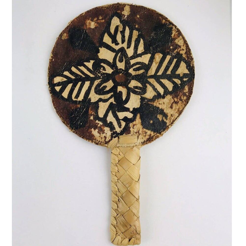 Rattan Hand Held Fan Polynesian Kapa Bark Raffia Antique Woven